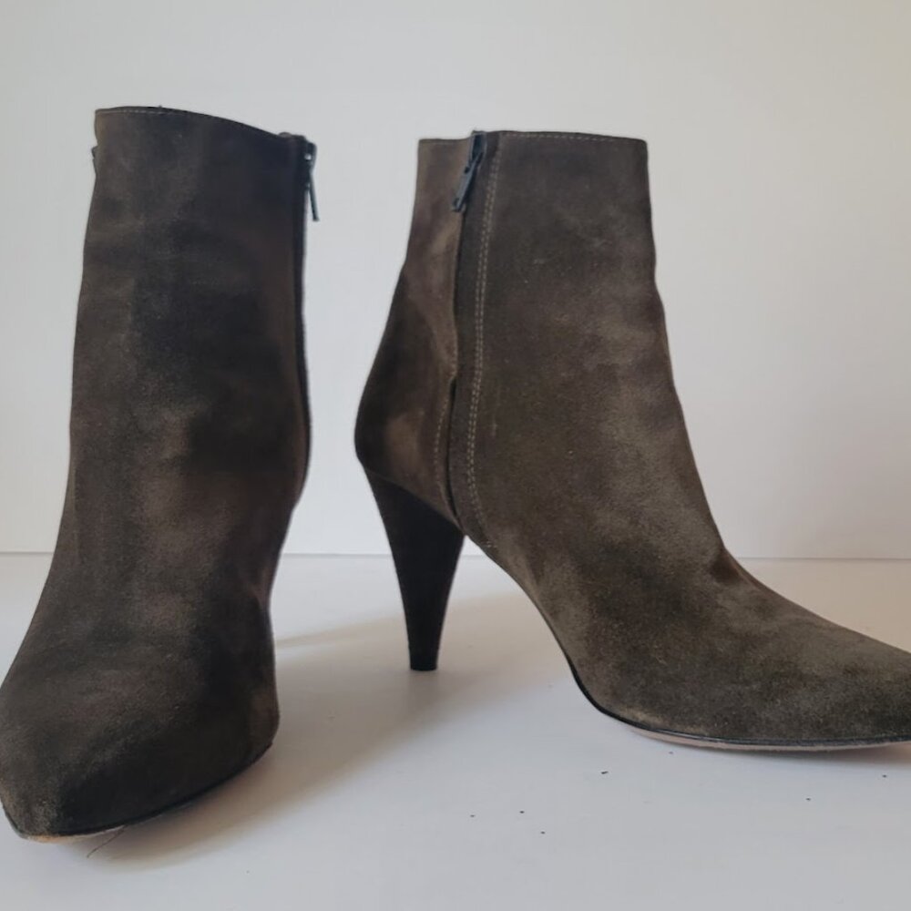 Veronica Beard Suede Side Zip Ankle Bootie with Contrast Trim - Picture 2 of 12